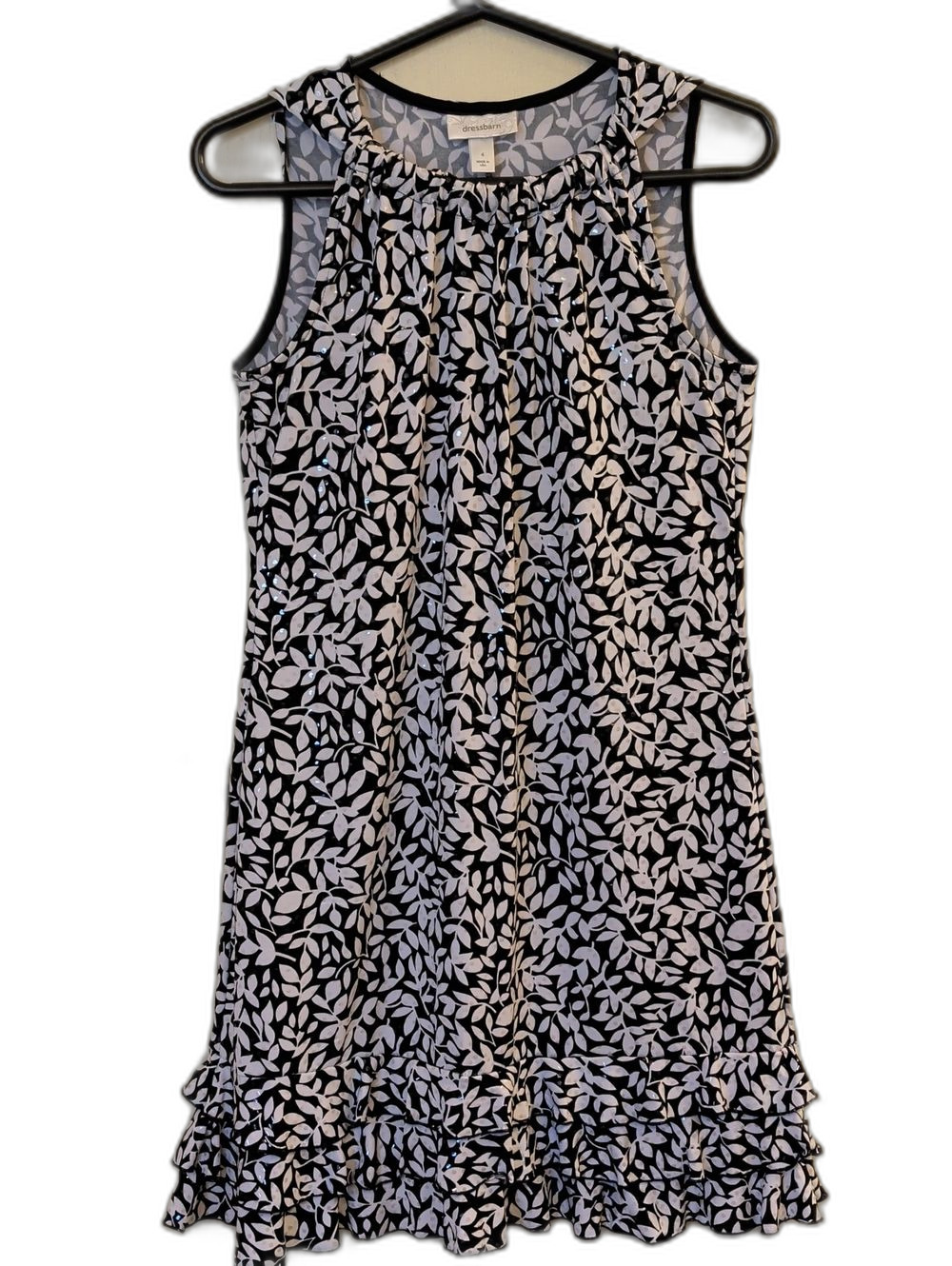 Dressbarn Black White Leaf Print Sequin A-Line Ruffle Dress Size 4